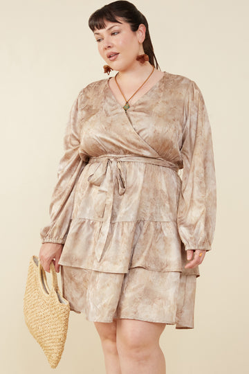 HB0035 Taupe Womens Abstract Print Belted Satin Wrap Dress Pose